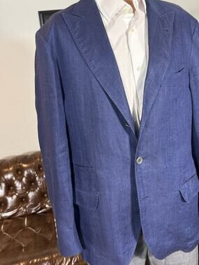Brunello Cucinelli Blue Herringbone Linen Peak Lapel Deconstructed Blazer 50 40
